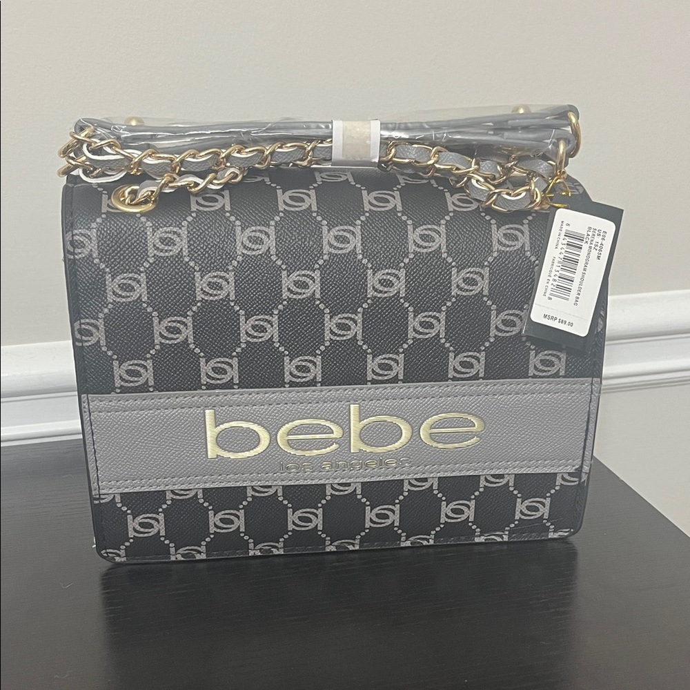 Bebe Black and Gray Crossbody Bag with Gold Chain